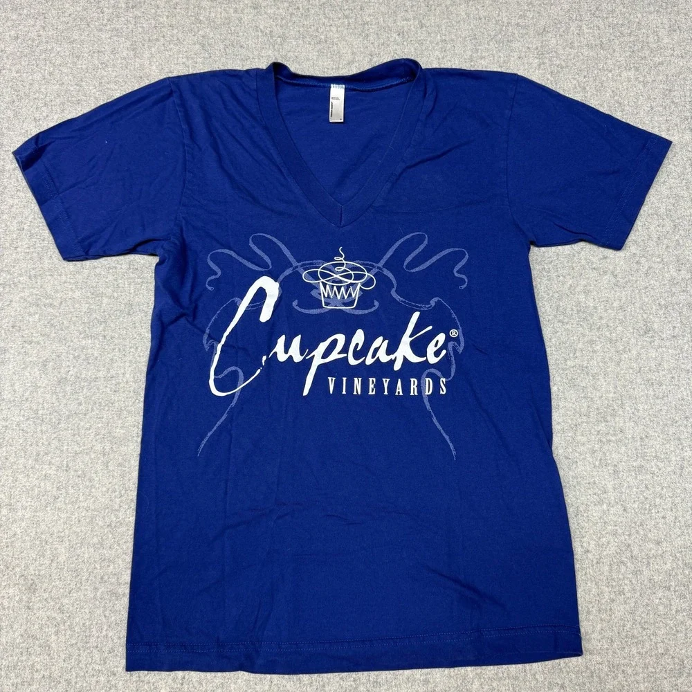 American Apparel | Cupcake Vineyards V-Neck T-Shirt | S | Blue | Graphic Tee